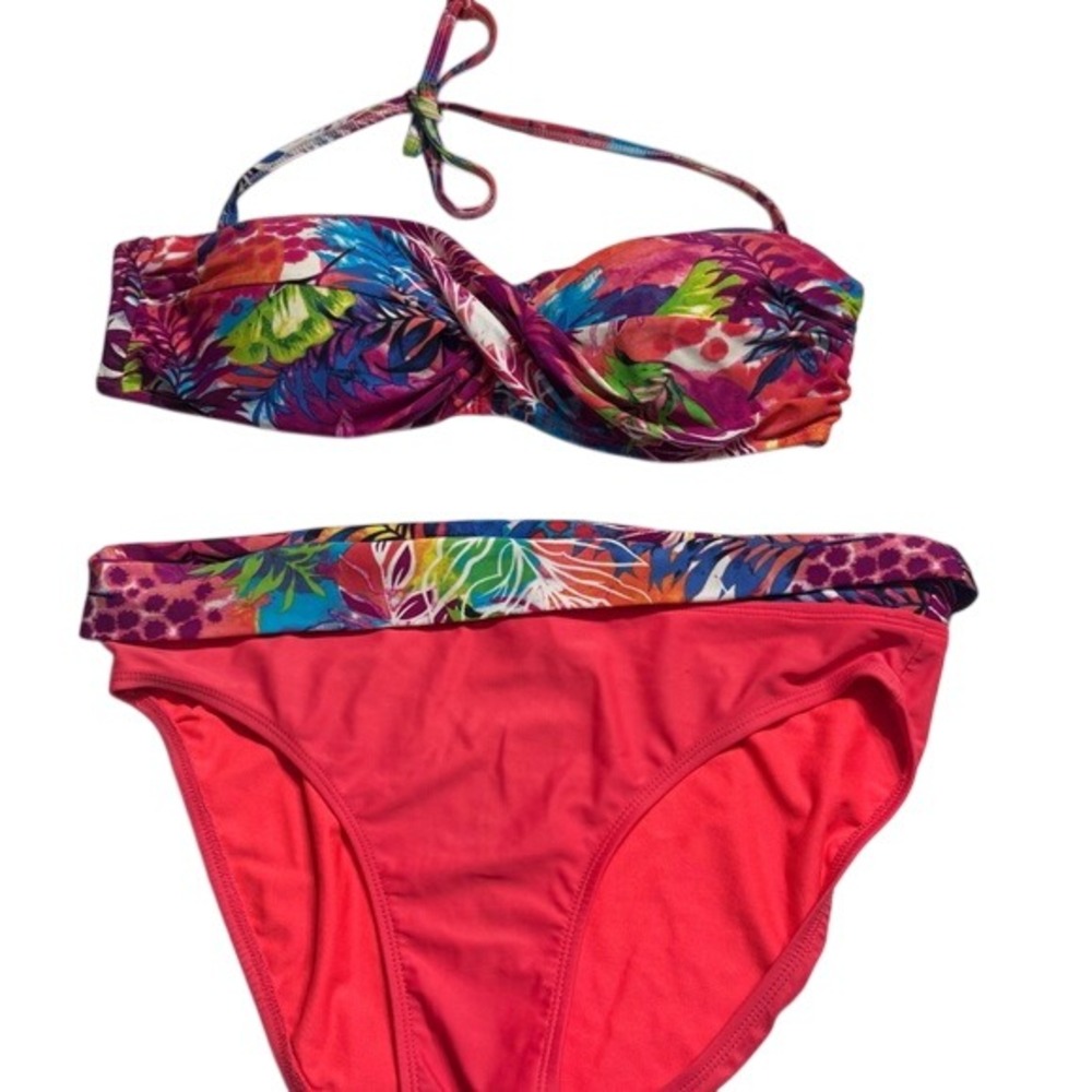 Tropical Floral Bikini Set Twist Front Bandeau Top High Waist Bottoms Coral L‎